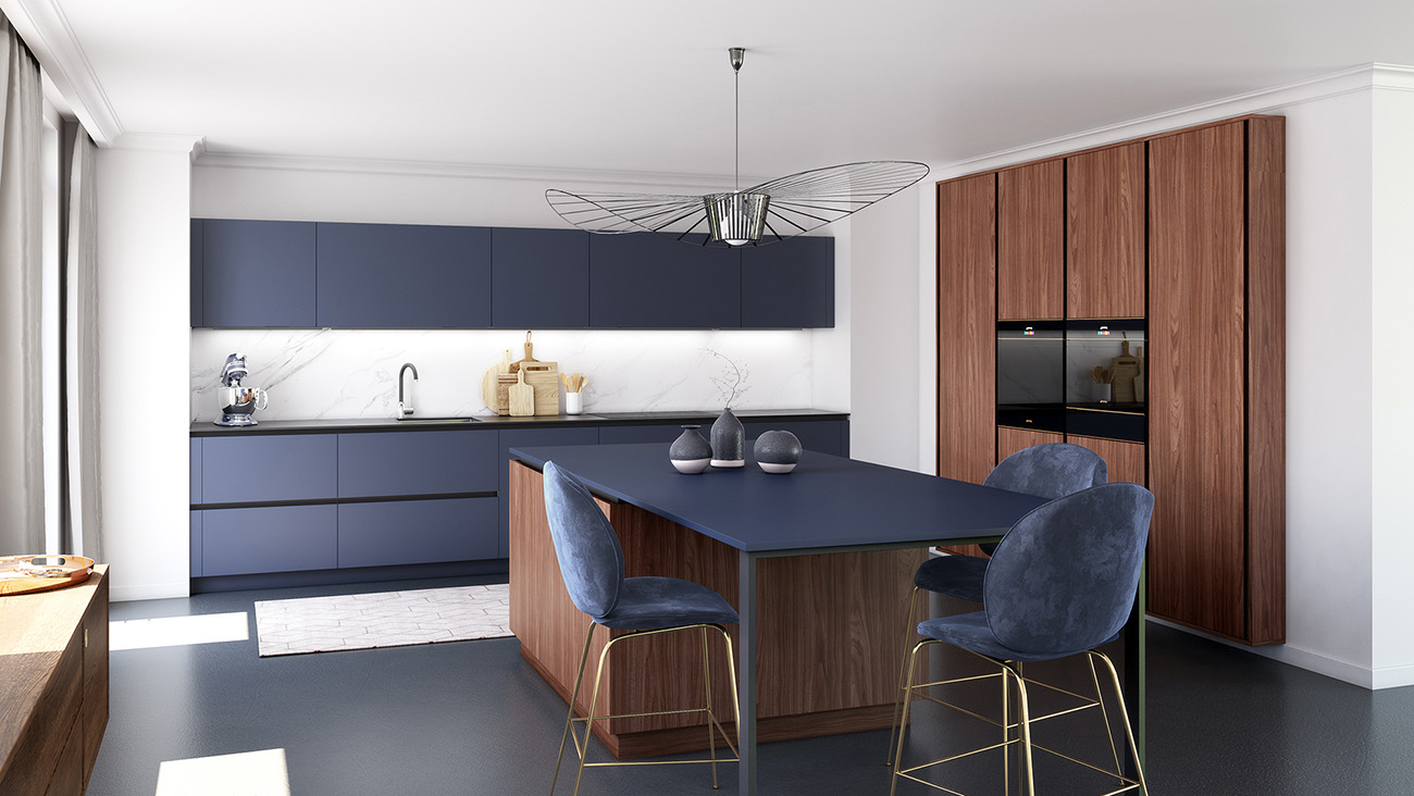 Cuisine bleu et bois foncé